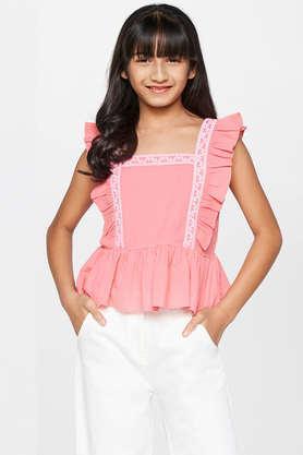 solid cotton square neck girls top - pink