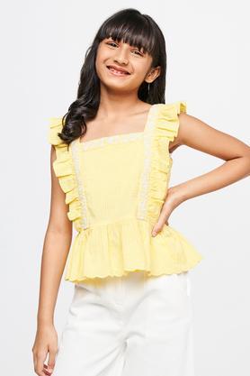 solid cotton square neck girls top - yellow