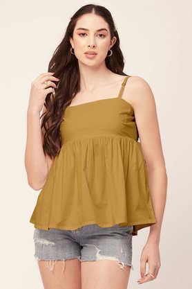 solid cotton square neck women's top - mustard
