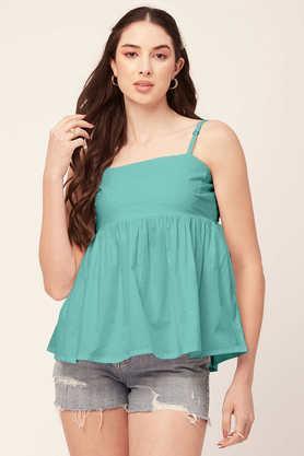 solid cotton square neck women's top - turquoise