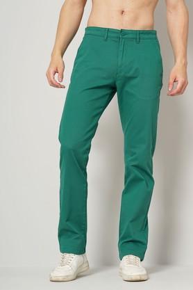 solid cotton straight fit men's casual trousers - green