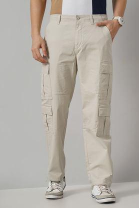 solid cotton straight fit men's casual trousers - natural