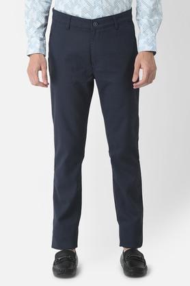 solid cotton straight fit men's trousers - blue