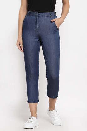 solid cotton straight fit women's pants - denim