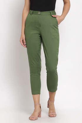 solid cotton straight fit women's pants - green