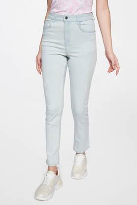 solid cotton straight fit women's pants - light blue