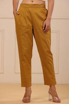solid cotton straight fit women's pants - mustard