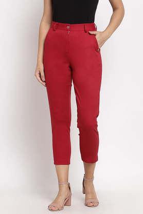 solid cotton straight fit women's pants - red