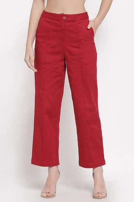 solid cotton straight fit women's pants - red