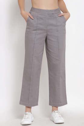 solid cotton straight fit women's pants - silver grey
