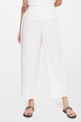 solid cotton straight fit women's pants - white