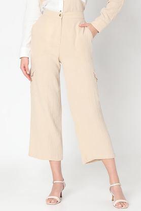 solid cotton straight fit women's trousers - natural