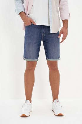 solid cotton stretch button closure men's shorts - indigo