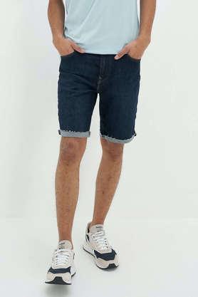 solid cotton stretch button closure men's shorts - indigo