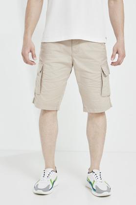 solid cotton stretch button mens shorts - natural