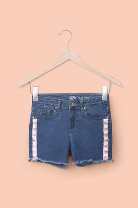 solid cotton stretch regular fit girl's shorts - indigo