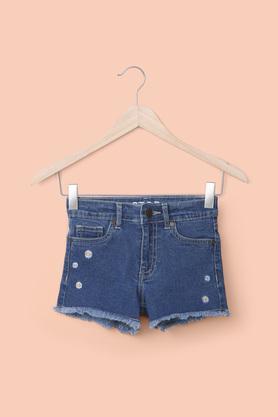 solid cotton stretch regular fit girl's shorts - indigo