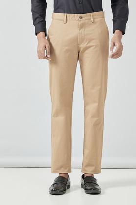 solid cotton stretch regular fit men's trousers - khaki