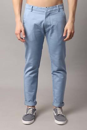 solid cotton stretch slim fit men's casual trousers - blue