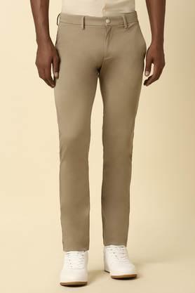 solid cotton super slim fit men's casual trousers - khaki