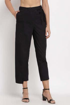 solid cotton tailored fit women's pants - black