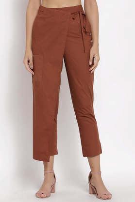 solid cotton tailored fit women's pants - brown