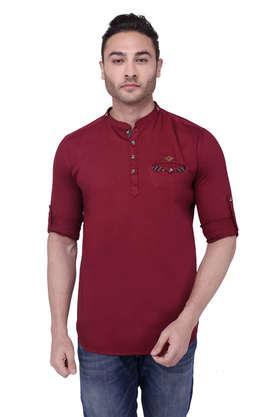 solid cotton tapered fit men's casual kurta - maroon