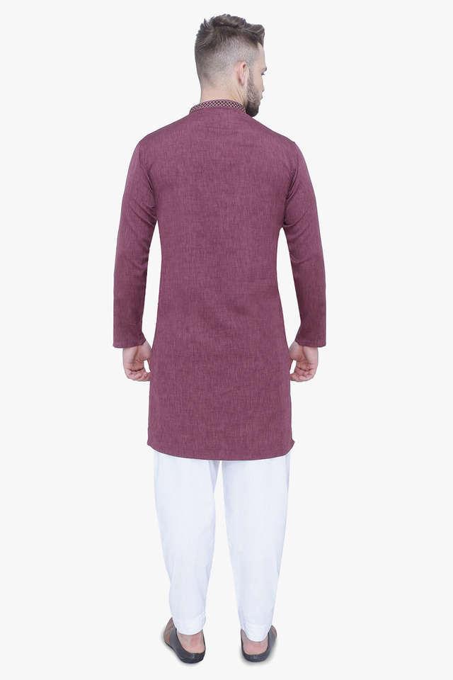 solid cotton tapered fit men's casual kurta - plum