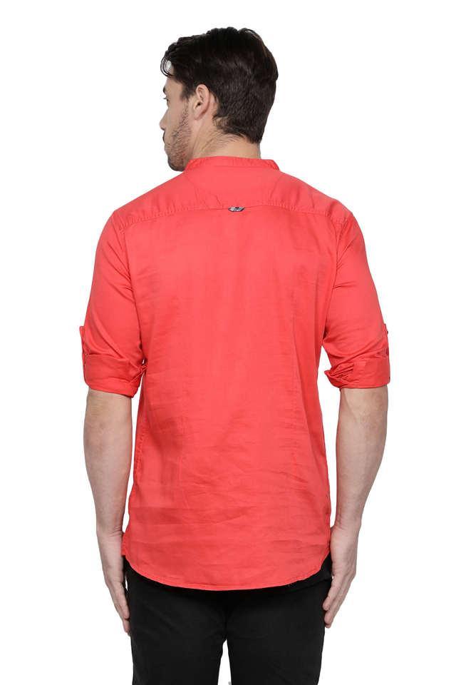 solid cotton tapered fit men's casual kurta - salmon