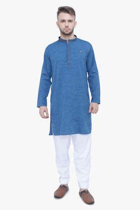 solid cotton tapered fit men's casual kurta - teal