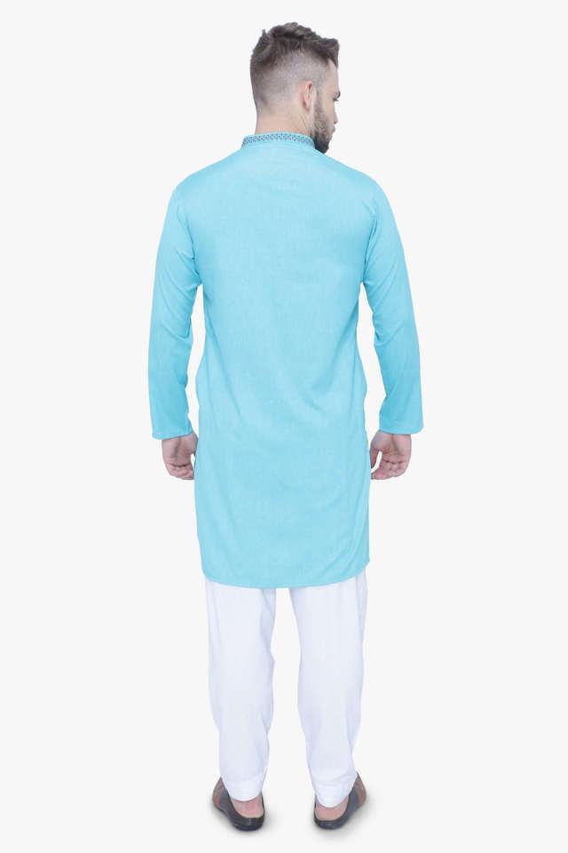 solid cotton tapered fit men's casual kurta - turquoise