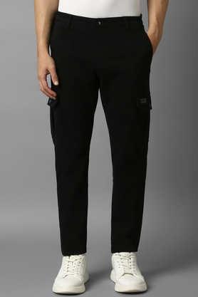 solid cotton tapered fit men's casual trousers - black