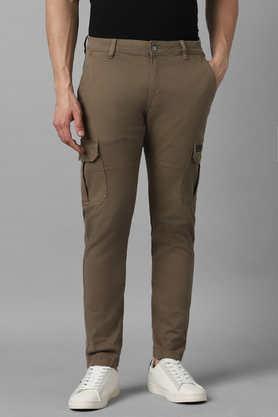 solid cotton tapered fit men's casual trousers - brown