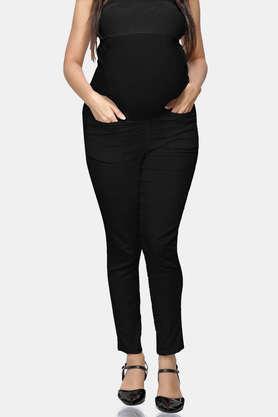 solid cotton tapered fit women's pants - black