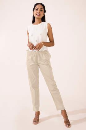 solid cotton tapered fit women's pants - natural