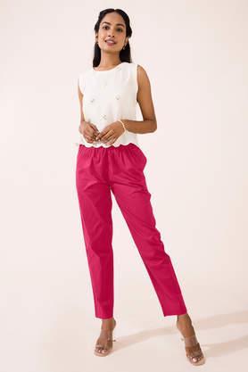 solid cotton tapered fit women's pants - rose