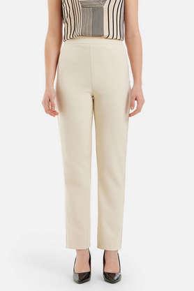solid cotton tapered fit women's trousers - natural