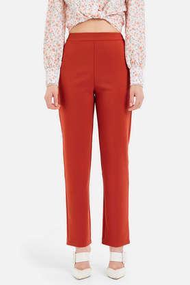 solid cotton tapered fit women's trousers - rust