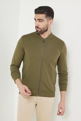 solid cotton v-neck men's casual jacket - olive