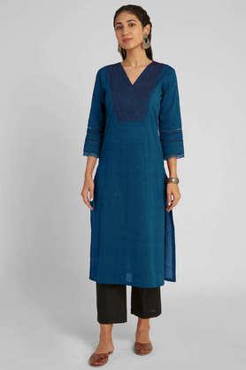 solid cotton v-neck women's casual wear kurta - blue