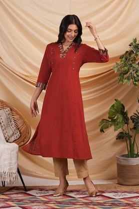 solid cotton v-neck women's casual wear kurta - red