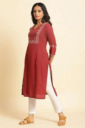 solid cotton v-neck women's casual wear kurta - red