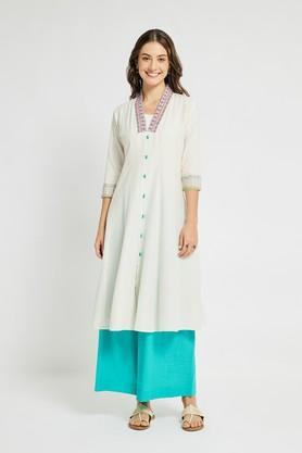solid cotton v-neck women's casual wear kurta - white