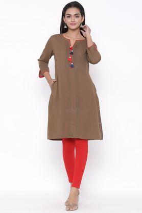 solid cotton v-neck women's casual wear kurti - khaki