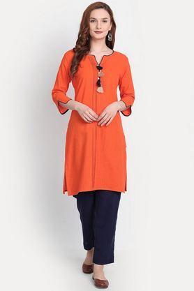 solid cotton v-neck women's casual wear kurti - orange