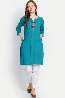 solid cotton v-neck women's casual wear kurti - turquoise