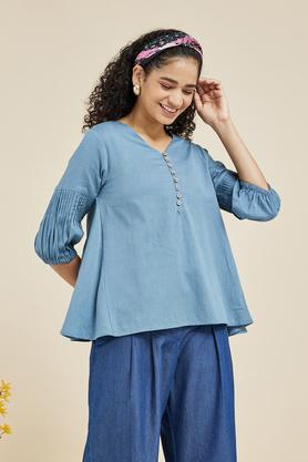 solid cotton v neck women's casual wear tunic - light blue
