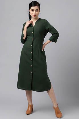solid cotton v-neck women's formal dress - bottle green