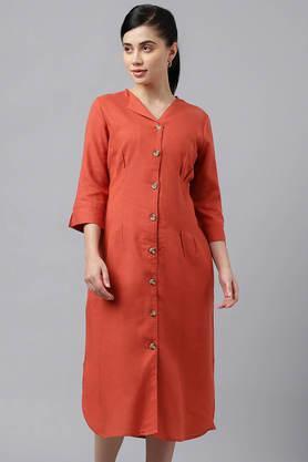 solid cotton v-neck women's formal dress - rust