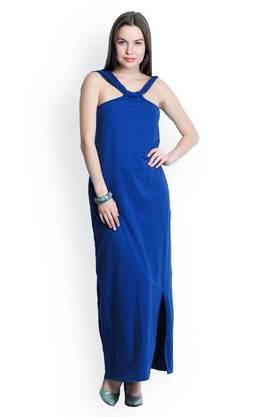solid cotton v-neck women's knee length dress - blue